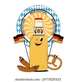 Oktoberfest Bavaria Beer Festival celebration. Concept with retro groovy beer bottle character, sausage, flags and pretzel. Vector illustration with cute alcohol drink and beverage mascot