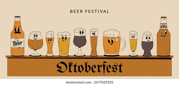 Oktoberfest Bavaria Beer Festival celebration. Banner with retro groovy beer character. Celebrated in October in Germany. Vector illustration