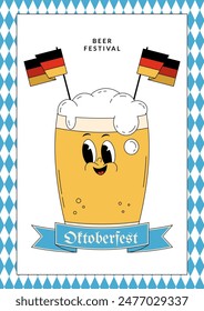 Oktoberfest Bavaria Beer Festival celebration. Poster or flyer with retro groovy beer mug character and flag. Vector illustration with cute alcohol drink and beverage mascot