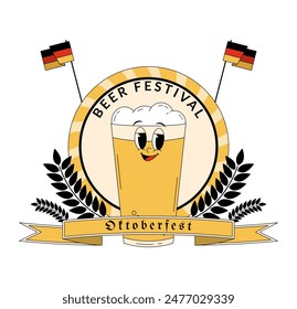 Oktoberfest Bavaria Beer Festival celebration. Concept with retro groovy beer glass character and flags. Vector illustration with cute alcohol drink and beverage mascot