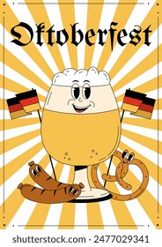 Oktoberfest Bavaria Beer Festival celebration. Poster or flyer with retro groovy beer glass character, sausage, flag and pretzel. Vector illustration with cute alcohol drink and beverage mascot