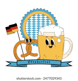 Oktoberfest Bavaria Beer Festival celebration. Concept with retro groovy beer mug character, flag and pretzel. Vector illustration with cute alcohol drink and beverage mascot