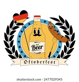 Oktoberfest Bavaria Beer Festival celebration. Concept with retro groovy beer bottle character, sausage on a fork, flag in form heart. Vector illustration with cute alcohol drink and beverage mascot