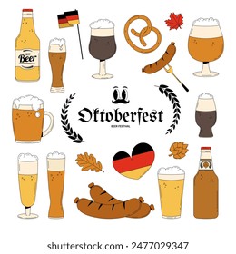 Oktoberfest Bayern Bierfest-Feier-Set. Bier, Lebkuchen, Grillwurst und mehr Elemente. Oktober Volksfeste im Land Bayern. Vektorillustration