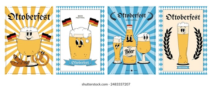 Oktoberfest Bavaria Fiesta de la Cerveza. Carteles o volantes con carácter de cerveza retro, salchicha, bandera y pretzel. Ilustración vectorial con una linda bebida alcohólica y mascota de bebidas