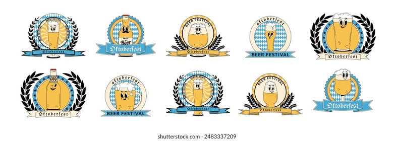 Oktoberfest Bavaria Beer Festival celebration. Label, logo, emblem or badge set with retro groovy beer characters. Vector illustration with cute alcohol drink and beverage mascot