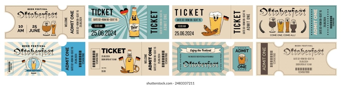 Oktoberfest Bavaria Beer Festival celebration. Set of horizontal ticket template entrance pass design or invitation for fest party. Vintage flat illustration in colors
