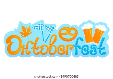 Oktoberfest - Bavarian festival. Banner with lettering and glasses of beer, pretzel and flags.
