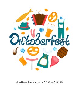 Oktoberfest - Bavarian festival. Banner with lettering and glasses of beer, pretzel and accordion. Traditional German food and clothing