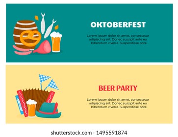 Oktoberfest - Bavarian festival. Flyers with glasses and barrel of beer, pretzel, sausages, fish, accordion. Traditional German food and drink. Horizontal banners for social media, advertising, sale