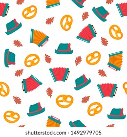 Oktoberfest - Bavarian festival seamless pattern. Accordion, hat, pretzel