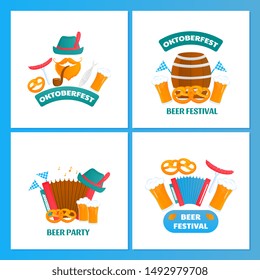 Oktoberfest - Bavarian festival. Set of posters with glasses and barrels of beer, pretzel and accordion. Traditional German food and clothing. Banners for social media, for advertising, sale.