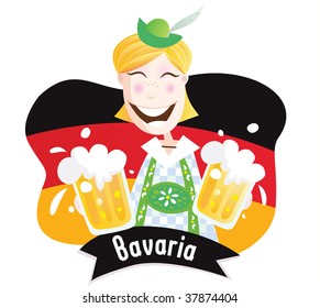 Oktoberfest (Bavarian male with beer). Bavarian man in traditional clothes. Vector Illustration.