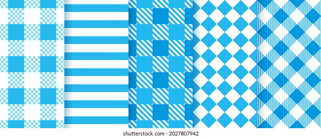 Oktoberfest Bayerische nahtlose Muster. Blaue Hintergründe mit Rhombus, Streifen, Scheck. Legen Sie die Flachdrucke von Tartan fest. Argyle Lozenge Texturen. Moderne geometrische Hintergründe. Vektorgrafik.