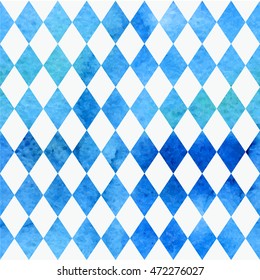 Oktoberfest bavarian watercolor aquarelle traditional blue white beautiful background pattern. Bavarian traditional seamless with watercolor blue rhombus background. Vector illustration. EPS 10