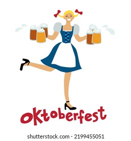 Oktoberfest. Beautiful waitress in a dirndl with mugs of beer in her hands isolated on a white background