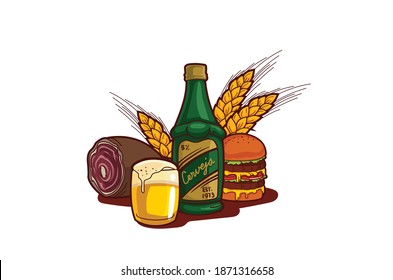Oktoberfest beer barrel and beer glasses with wheat and hops vector illustration isolated on white background