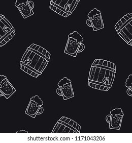 Oktoberfest beer barrels and glass mugs seamless pattern. German style ornament for print or wallpaper. Octoberfest doodle icons on black chalk-board