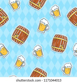 Oktoberfest beer barrels and glass mugs seamless pattern. German style ornament for print or wallpaper. Octoberfest doodle icons on traditional blue rhombus background
