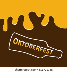 Oktoberfest Beer bottle and Flowing down alcohol. Flat design Brown background Vector illustration