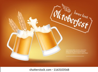 Oktoberfest, beer fest lettering with clinking beer mugs. Holiday, celebration or offer design. Typed text, calligraphy. For leaflets, brochures, invitations or banners.