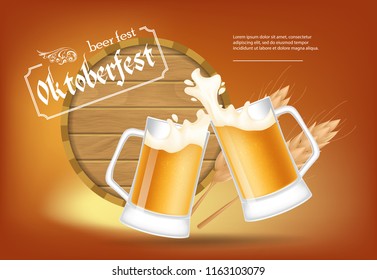 Oktoberfest, beer fest lettering with beer mugs and barrel. Holiday, celebration or offer design. Typed text, calligraphy. For leaflets, brochures, invitations or banners.
