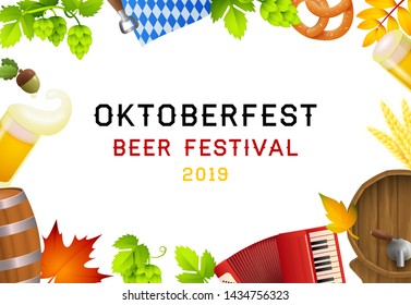 Oktoberfest beer festival 2019 lettering set and fest symbols. Festive banner design with beer mug, accordion on white background. Lettering can be used for invitations, advertising, announcements