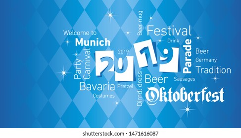 Oktoberfest Beer Festival 2019 word cloud Bavarian blue background