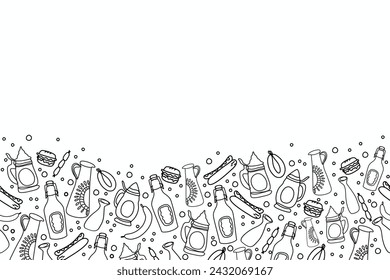 Oktoberfest beer festival background Doodle. German Beer food festival vintage steins mug bottle with beer froth bubble design. Vector illustration black line doodle line art hand drawn.