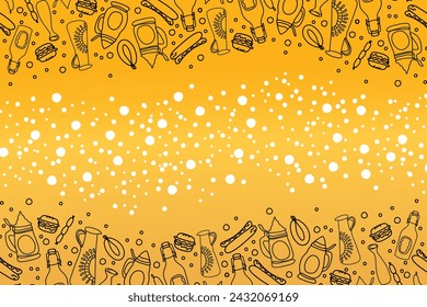 Oktoberfest beer festival background Doodle. German Beer food festival vintage steins mug bottle with beer froth bubble design. Vector illustration black line doodle line art hand drawn.