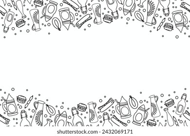 Oktoberfest beer festival background Doodle. German Beer food festival vintage steins mug bottle with beer froth bubble design. Vector illustration black line doodle line art hand drawn.