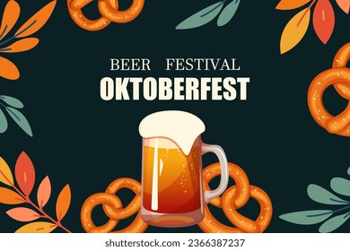 Oktoberfest, beer festival. Background with beer, pretzels. Web banner. Vector illustration.