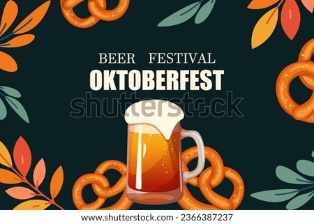 Oktoberfest, beer festival. Background with beer, pretzels. Web banner. Vector illustration.