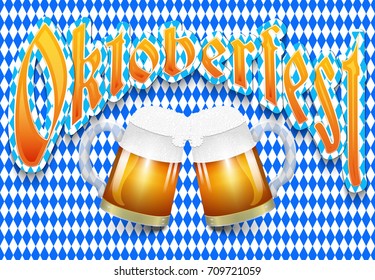 Oktoberfest beer festival background with two mugs of beer with foam and on blue with white Argyle pattern. Vector illustration.