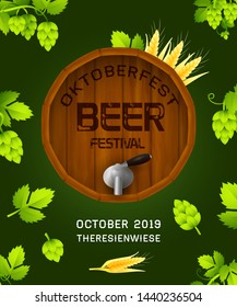 Oktoberfest beer festival banner design on dark green background. Realistic beer barrel with tap and hops and barleys. Lettering can be used for invitations, signs, announcements