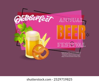 Oktoberfest Bierfest Banner Design mit Lager, Hopfen und Brezel auf abstraktem kariertem Hintergrund. Beschriftungen können für Einladungen, Schilder, Ankündigungen verwendet werden