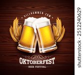 Oktoberfest Beer Festival Banner Illustration with Fresh Lager Beer, Barley Ears and Typography Lettering on Vintage Wooden Background. Vector Flyer Template for Traditional German Celebration.