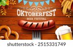 Oktoberfest Beer Festival Banner Illustration with Fresh Lager Beer, Sausage, Pretzel and Bavaria Party Plag on Vintage Wooden Background. Vector Traditional German Celebration Flyer Template with