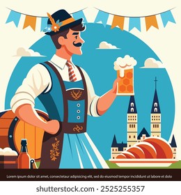 Oktoberfest Beer Festival Banner  with man in national German costumes holding beer Vector flat illustration