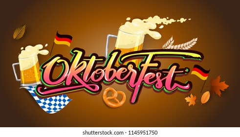 Oktoberfest beer festival, banner and poster template with Oktoberfest calligraphy hand lettering and beer. beer festival in German