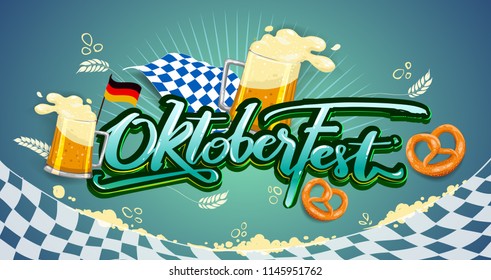 Oktoberfest beer festival, banner and poster template with Oktoberfest calligraphy hand lettering and beer. beer festival in German