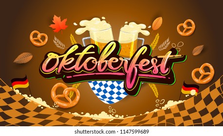 Oktoberfest beer festival, banner and poster template with Oktoberfest calligraphy hand lettering and beer. beer festival in German