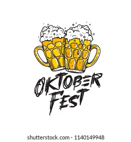 Oktoberfest. Beer Festival banner. Vector illustration on a white background.
Lettering typography. Two mug of beer.