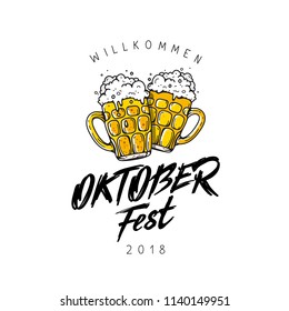 Oktoberfest. Beer Festival banner. Vector illustration on a white background.
Lettering typography. Two mug of beer.