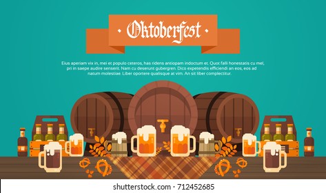 Oktoberfest Beer Festival Banner Wooden Barrel With Glass Mugs Holiday Decoration Poster Flat Vector Illustration