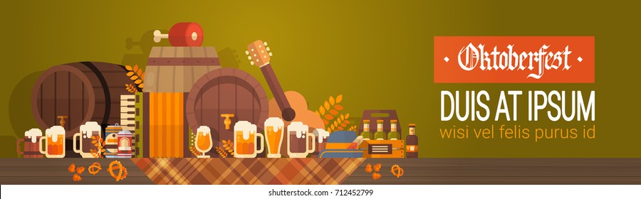 Oktoberfest Beer Festival Banner Wooden Barrel With Glass Mugs Holiday Decoration Poster Flat Vector Illustration