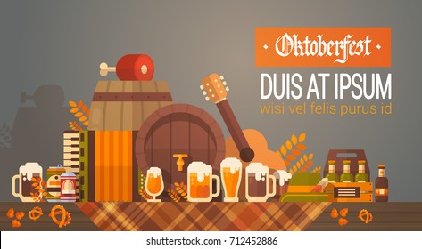 Oktoberfest Beer Festival Banner Wooden Barrel With Glass Mugs Holiday Decoration Poster Flat Vector Illustration