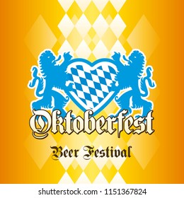 Oktoberfest Beer Festival Bavarian lions heart blue gold yellow background