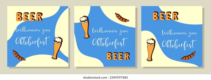 Oktoberfest. Bier-Festival. Blaue Plakate mit doodle handgezeichnet und Inschrift Willcommen zum Oktoberfest.