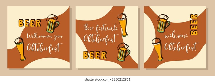 Oktoberfest. Beer festival. Brown posters set with doodle hand drawn .
